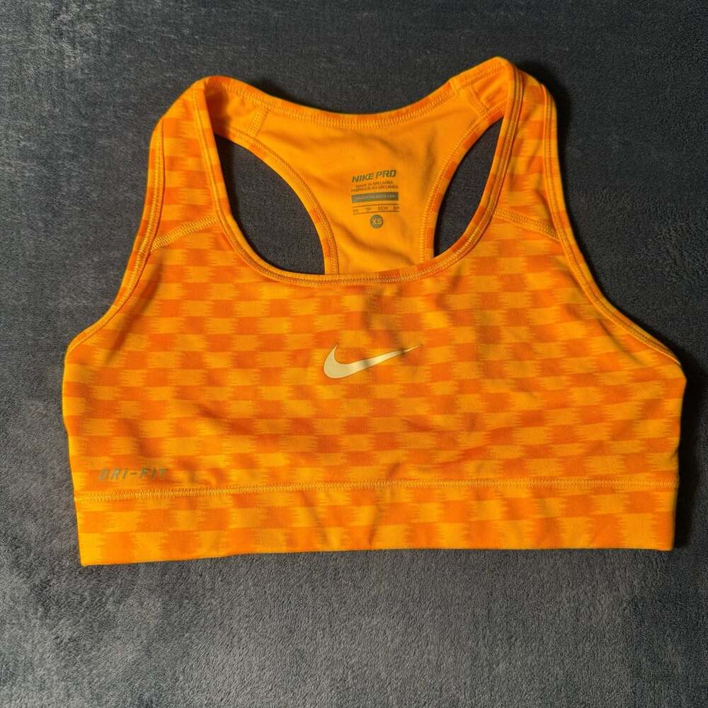 Nike Pro Women's Orange Checkered Ikat Print Dri-FIT Sports Bra Size XS